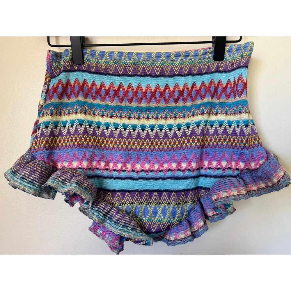 Chevron Knit Ruffle Hem Shorts Boho Festival Style Size L - Picture 2 of 6